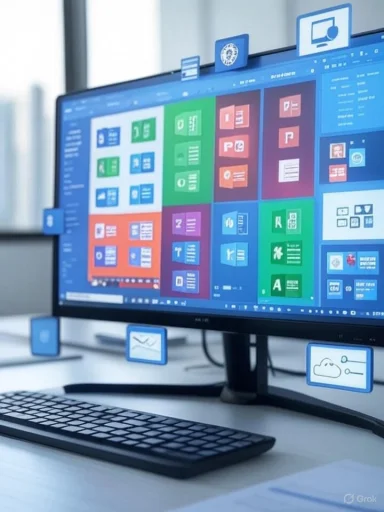 A computer monitor displays a colorful grid interface with various app icons, accompanied by floating digital icons around it.