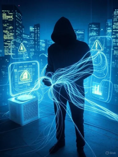 A hooded figure manipulates digital warning icons and data streams in a futuristic cityscape.