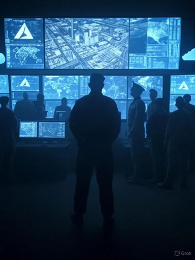 Military personnel and analysts monitor global security and intelligence data on large digital screens.