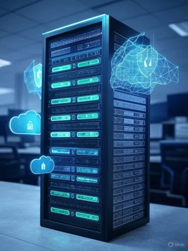 A server rack with digital holograms of a cloud, a shield, and a lock, representing cloud security and data protection.