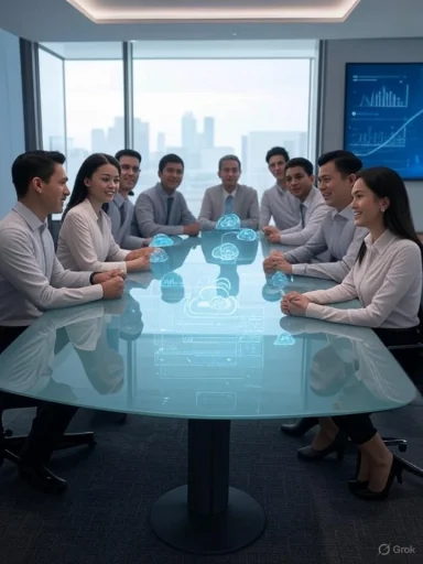 Business team in a modern conference room discussing data on a transparent digital table with holographic projections.