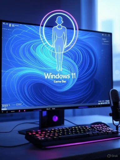 A gaming setup featuring a curved monitor displaying a Windows 11 startup screen with neon blue and purple graphics.