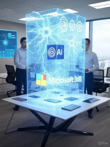 A holographic display showcases AI, Microsoft 365, and digital brain graphics in a modern office setting.