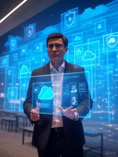 A man in formal attire interacts with a virtual cloud storage interface amid floating digital security icons.