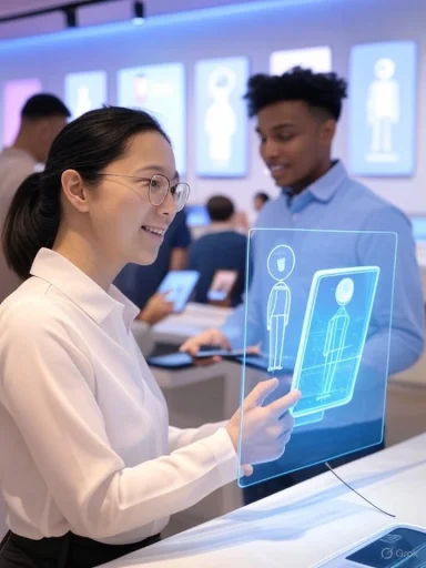 A woman uses a touch screen to analyze a digital avatar of herself in a high-tech environment.