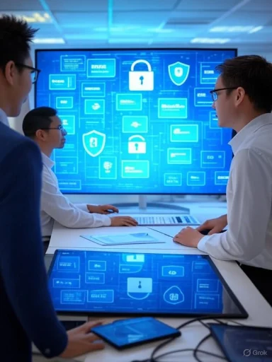 A team of professionals discusses cybersecurity and data protection with digital lock icons on large monitors in a modern office.