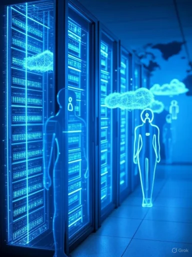 Digital illustration of cloud computing and data servers with holographic human figures and clouds indicating data transfer and analysis.