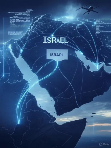 A digital map highlighting Israel with connected flight paths and data overlays over the Middle East region.