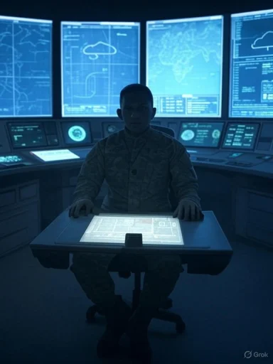 A person in military uniform seated at a control console with multiple blue-lit screens displaying maps and data.