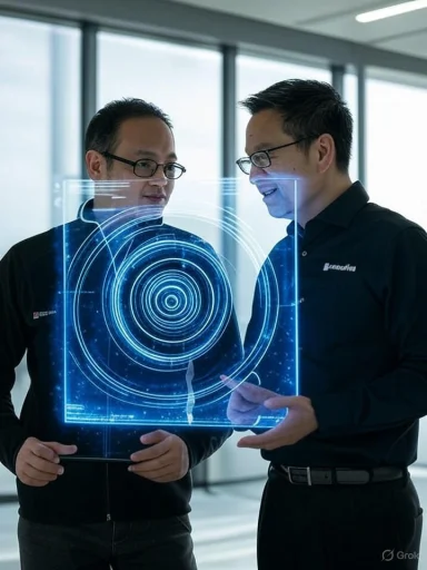 Two men in black shirts examine a holographic display with glowing blue concentric circles in a modern office.