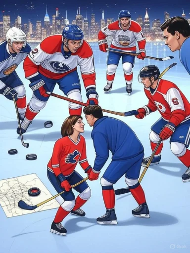 Hockey players and a couple seem to be sharing an emotional moment on the ice at night.