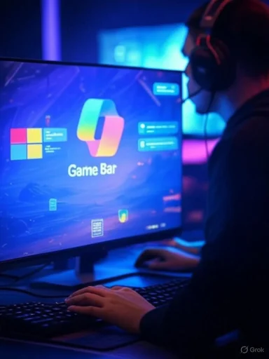 Person wearing headphones playing a game on a computer monitor in a dark, neon-lit gaming environment.