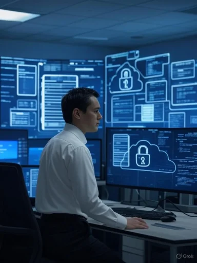 A man monitors cybersecurity threats on multiple screens in a high-tech data security room.