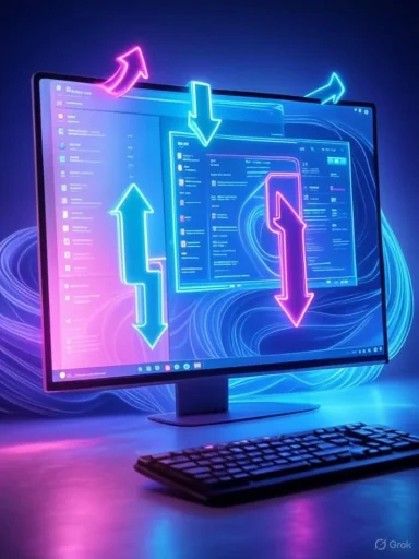 The computer screen displays software with colorful neon arrows indicating data transfer or movement directions.