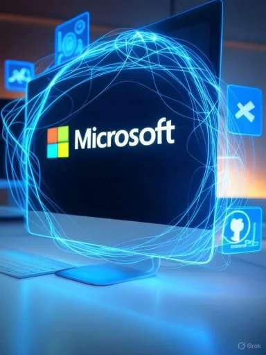 Microsoft logo on a futuristic digital display with interconnected virtual icons and glowing blue lines.