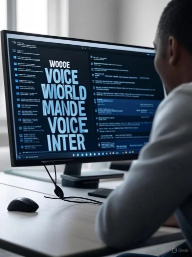 A person working at a desk with a monitor displaying text related to voice, world, language, and interaction.
