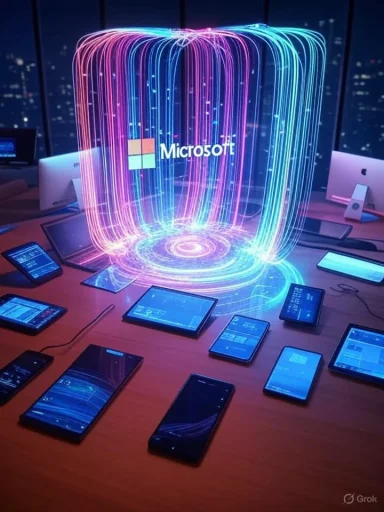 A digital hologram of the Microsoft logo projects above smartphones and tablets on a desk in a high-tech office.