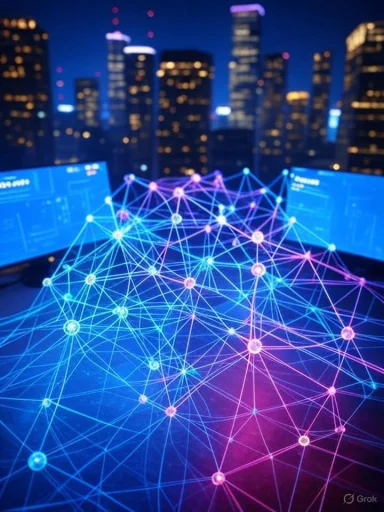 Futuristic digital network with interconnected nodes over a city skyline at night. Futuristic digital network with interconnected nodes over a city skyline at night.