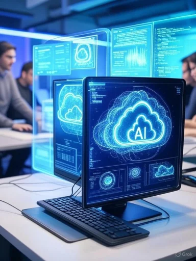 A computer monitor displays a digital 'AI' cloud with advanced data and graphics, emphasizing artificial intelligence technology.