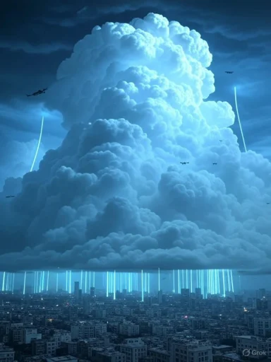 A giant, futuristic cloud looms over a city, with glowing vertical lines extending from its base, resembling a sci-fi scene.