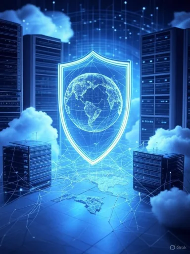 A digital illustration of global cybersecurity, featuring a shield and Earth surrounded by data servers and cloud elements.