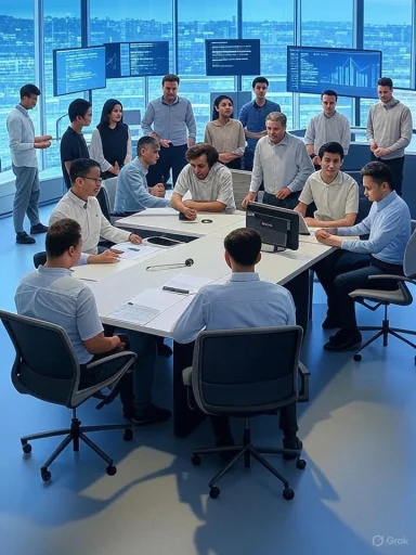 A diverse group of professionals gathered around a conference table in a modern, high-rise office with multiple computer screens displaying data.