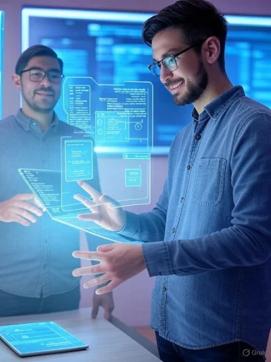Two professionals interact with holographic screens displaying digital data in a futuristic office setting.