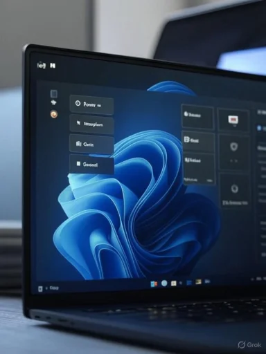 A laptop screen displays a Windows 11 interface with menu options including Forge, Siteform, Getin, and General.