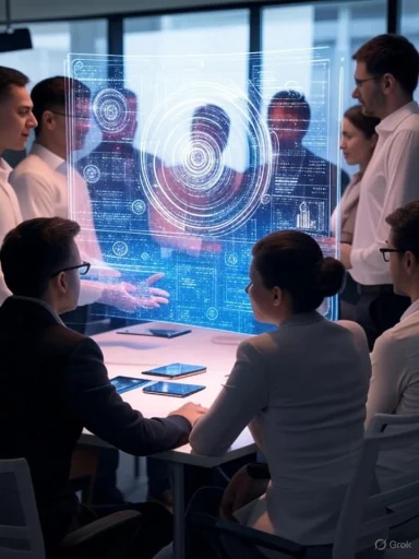 Businesspeople in a meeting interact with a futuristic holographic interface displaying data and graphics.