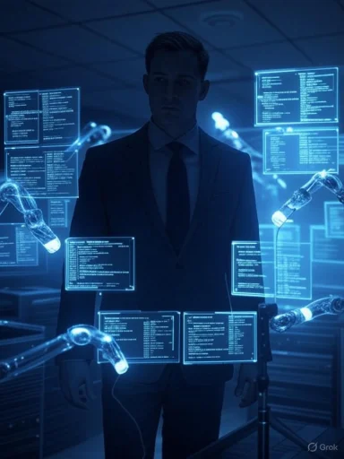 A man in a suit interacts with holographic screens featuring code and robotic arms, indicating advanced technology or AI control.