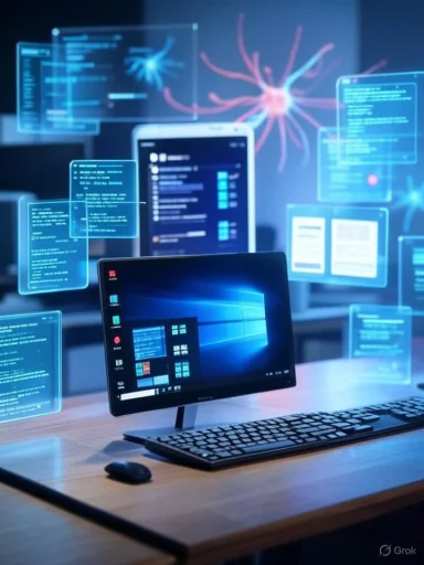 A computer workspace with holographic digital data and network visuals overlaying the setup.
