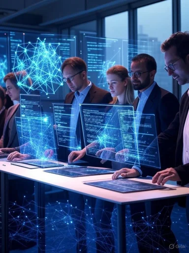 Business professionals using holographic displays to analyze interconnected data networks in a high-tech office.