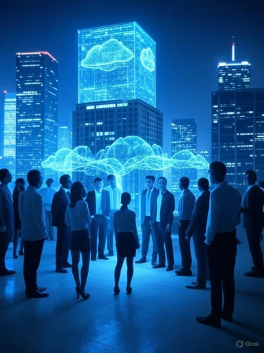 A group of people gathers at night in front of a city skyline with holographic cloud displays projected onto tall buildings.
