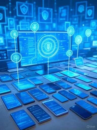 Multiple smartphones display cybersecurity data with floating holographic security icons in a futuristic digital setup.