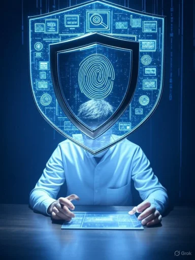 A person with a digital fingerprint and shield overlay, symbolizing cybersecurity or biometric protection.