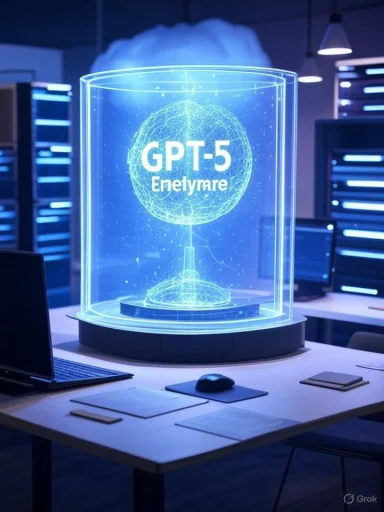 A holographic display of GPT-5 Enelynare on a desk in a high-tech office setting.