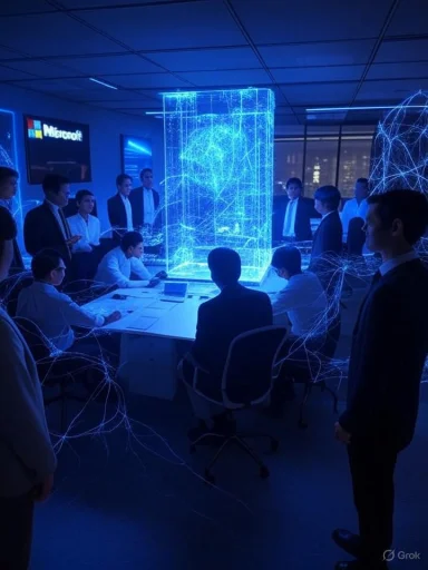 A group of professionals observe a holographic digital cube display in a futuristic office setting.