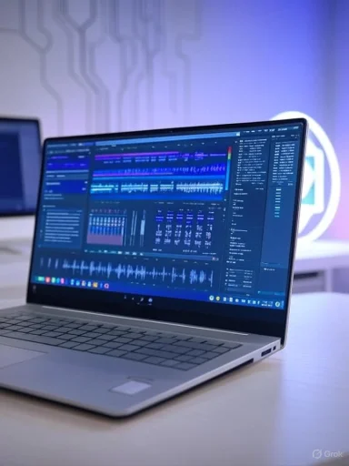 A laptop displaying audio editing or music production software on a desk in a modern workspace.