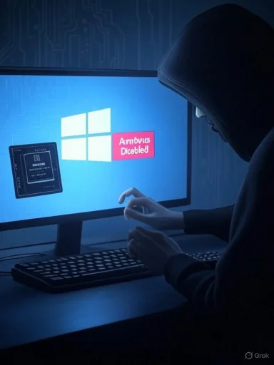 A hacker in a hoodie appears to disable a Windows system, indicated by the 'Ambumis Delebled' error message on screen.