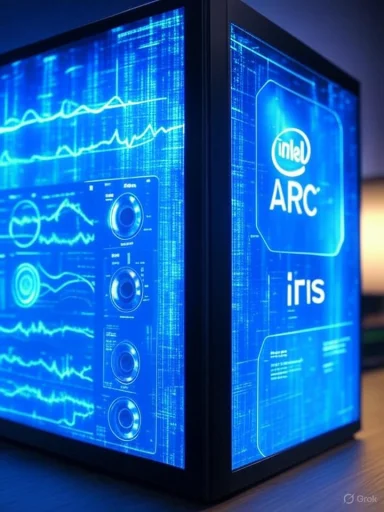 A futuristic display screen showing the Intel ARC Iris logo with digital graphs and data visualizations.