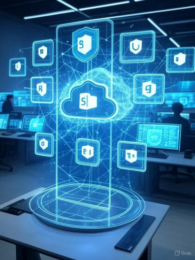 A holographic cybersecurity diagram with shield icons and a central cloud, displayed in a high-tech office environment.