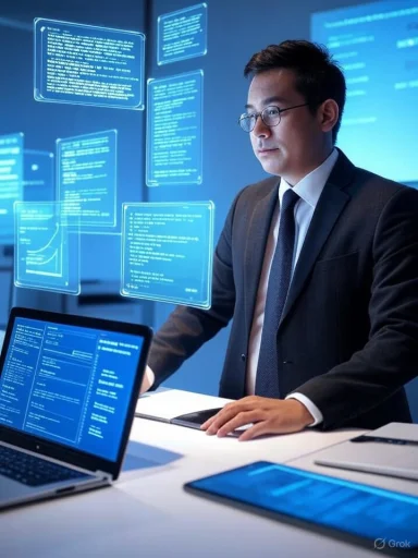 A businessman in a suit researches data on a holographic display in a futuristic digital workspace.