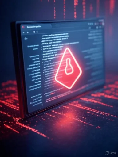 A digital screen displays lines of code and a warning icon, suggesting a cybersecurity threat or data breach.