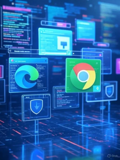 Digital security and software icons floating in a futuristic, code-filled virtual environment.