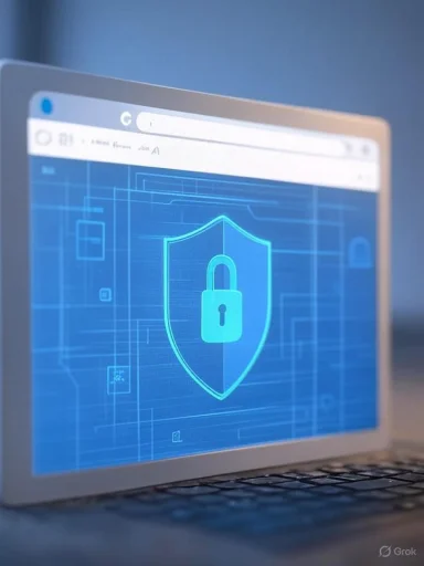 A computer screen displays a shield with a padlock symbol, representing cybersecurity or data protection.
