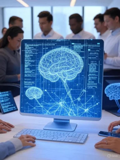 A group of professionals analyzing brain network data displayed on a high-tech screen in a modern conference room.