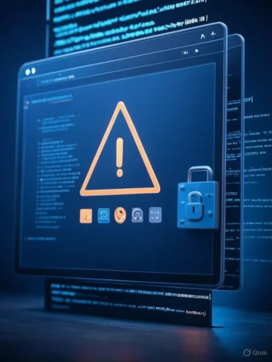 A warning screen on a computer shows a large alert symbol with a lock icon, indicating a security issue or data protection alert.