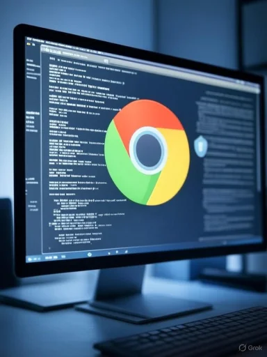 A computer screen displays code and a colorful Chrome browser logo over background code and text.
