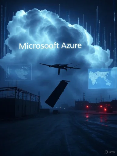 A drone carrying a satellite dish flies near a Cloud. 'Microsoft Azure' text overlays the scene with digital graphics.