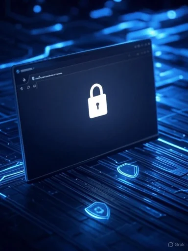 A digital security theme featuring a laptop screen with a lock icon, surrounded by glowing shield symbols on a futuristic circuit board.